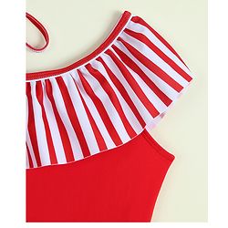 Babyhug Sleeveless Striped V Cut Swimsuit With Headband - Red
