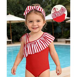 Babyhug Sleeveless Striped V Cut Swimsuit With Headband - Red