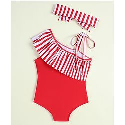 Babyhug Sleeveless Striped V Cut Swimsuit With Headband - Red