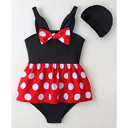 Babyhug Sleeveless Polka Dot Printed V Cut Swimsuit With Bow Applique & Cap - Black