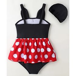 Babyhug Sleeveless Polka Dot Printed V Cut Swimsuit With Bow Applique & Cap - Black