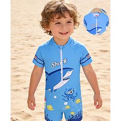 Babyhug Half Sleeves Sea Life Theme Printed Legged Swimsuit With Cap - Blue