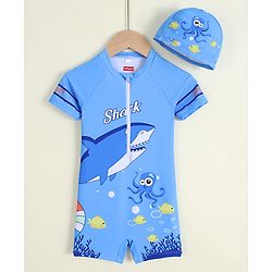 Babyhug Half Sleeves Sea Life Theme Printed Legged Swimsuit With Cap - Blue