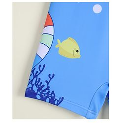 Babyhug Half Sleeves Sea Life Theme Printed Legged Swimsuit With Cap - Blue