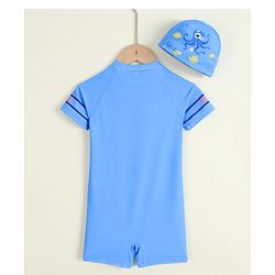 Babyhug Half Sleeves Sea Life Theme Printed Legged Swimsuit With Cap - Blue