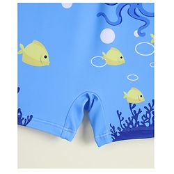 Babyhug Half Sleeves Sea Life Theme Printed Legged Swimsuit With Cap - Blue