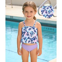 Babyhug Sleeveless Two Piece Swimsuit With Butterfly Print - Multicolor