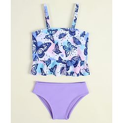 Babyhug Sleeveless Two Piece Swimsuit With Butterfly Print - Multicolor