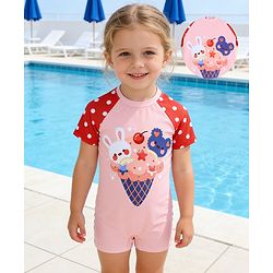 Babyhug Half Raglan Sleeves Legged Swimsuit With Animal Print - Multicolor