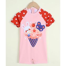 Babyhug Half Raglan Sleeves Legged Swimsuit With Animal Print - Multicolor