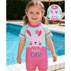 Babyhug Half Raglan Sleeves Bunny & Polka Dots Printed Legged Swimsuit - Multicolour