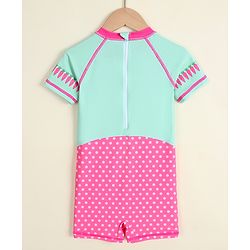 Babyhug Half Raglan Sleeves Bunny & Polka Dots Printed Legged Swimsuit - Multicolour