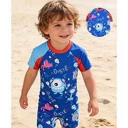 Babyhug Half Raglan Sleeves Printed Legged Swimsuit - Blue
