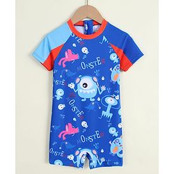 Babyhug Half Raglan Sleeves Printed Legged Swimsuit - Blue