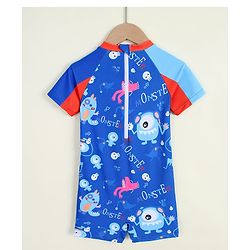 Babyhug Half Raglan Sleeves Printed Legged Swimsuit - Blue