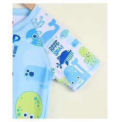Babyhug Half Raglan Sleeves Printed Legged Swimsuit with Cap - Light Blue