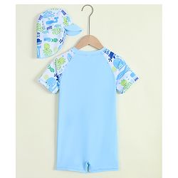 Babyhug Half Raglan Sleeves Printed Legged Swimsuit with Cap - Light Blue