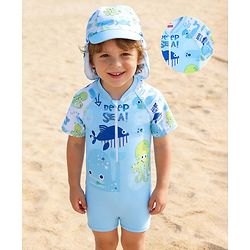 Babyhug Half Raglan Sleeves Printed Legged Swimsuit with Cap - Light Blue