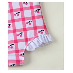 Babyhug Sleeveless V Cut Swimsuit With Checks & Cherry Print - Pink
