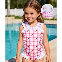 Babyhug Sleeveless V Cut Swimsuit With Checks & Cherry Print - Pink