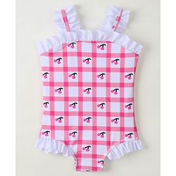 Babyhug Sleeveless V Cut Swimsuit With Checks & Cherry Print - Pink