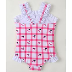 Babyhug Sleeveless V Cut Swimsuit With Checks & Cherry Print - Pink