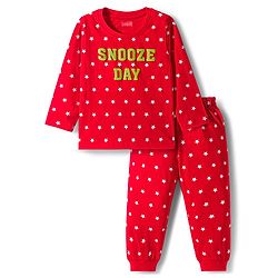 Babyhug Knit Full Sleeves Night Suit With Star Print - Red
