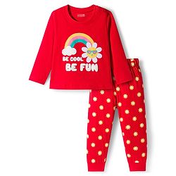Babyhug Knit Full Sleeves Night Suit With Floral Print - Red