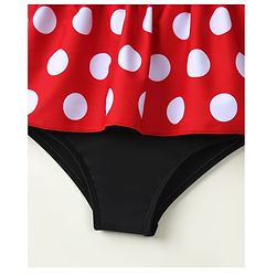 Babyhug Sleeveless Polka Dot Printed V Cut Swimsuit With Bow Applique & Cap - Black