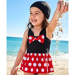Babyhug Sleeveless Polka Dot Printed V Cut Swimsuit With Bow Applique & Cap - Black