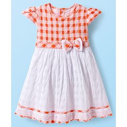 Babyhug Cotton Woven Cap Sleeves Checkered Frock with Bow Applique - Multicolor