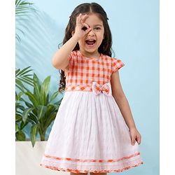 Babyhug Cotton Woven Cap Sleeves Checkered Frock with Bow Applique - Multicolor
