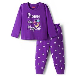 Babyhug Knit Full Sleeves Night Suit With Text Print - Purple