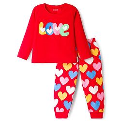 Babyhug Knit Full Sleeves Night Suit With Text Print - Red