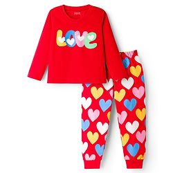 Babyhug Knit Full Sleeves Night Suit With Text Print - Red
