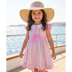 Babyhug Cotton Woven Cap Sleeves Striped Frock with Bow Applique - White
