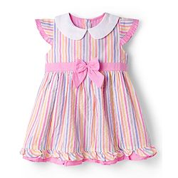 Babyhug Cotton Woven Cap Sleeves Striped Frock with Bow Applique - White