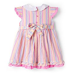 Babyhug Cotton Woven Cap Sleeves Striped Frock with Bow Applique - White