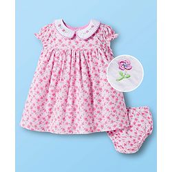 Babyhug Cotton Woven Cap Sleeves Frock With Floral Print & Embroidery & Bloomer - White