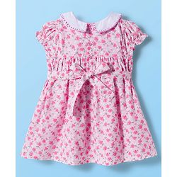 Babyhug Cotton Woven Cap Sleeves Frock With Floral Print & Embroidery & Bloomer - White