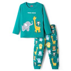 Babyhug Knit Full Sleeves Night Suit With Animal Print - Green