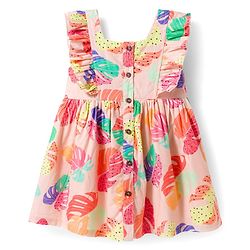Babyhug Cotton Woven Frill Sleeves Leaves Printed Frock - Multicolor
