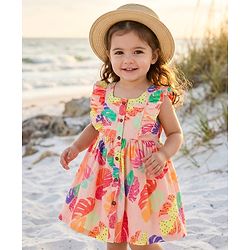 Babyhug Cotton Woven Frill Sleeves Leaves Printed Frock - Multicolor