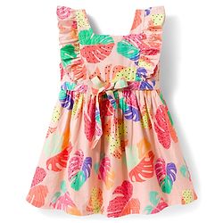 Babyhug Cotton Woven Frill Sleeves Leaves Printed Frock - Multicolor