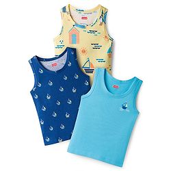 Babyhug 100% Cotton Single Jersey Knit Sando With Nautical Theme Print Pack Of 3 - Navy Blue Yellow & Light Blue