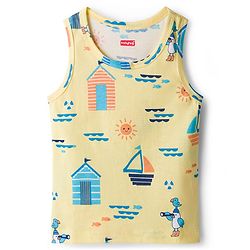 Babyhug 100% Cotton Single Jersey Knit Sando With Nautical Theme Print Pack Of 3 - Navy Blue Yellow & Light Blue