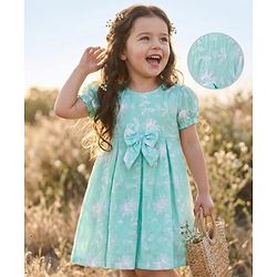 Babyhug Cotton Woven Half Puffed Sleeves Frock with Floral Embroidery & Bow Applique - Aqua Blue