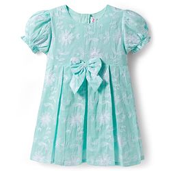 Babyhug Cotton Woven Half Puffed Sleeves Frock with Floral Embroidery & Bow Applique - Aqua Blue