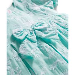 Babyhug Cotton Woven Half Puffed Sleeves Frock with Floral Embroidery & Bow Applique - Aqua Blue