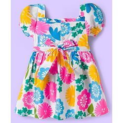 Babyhug Cotton Woven Half Sleeves Frock With Floral Print & Bow Applique - White